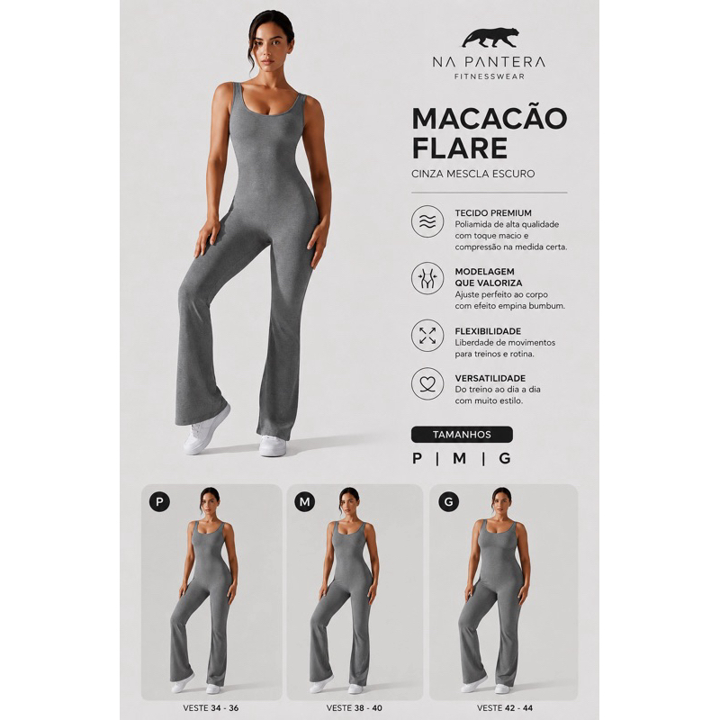Macacão Poliamida Fitness Yoga/ Macacão Longo Calça Flare