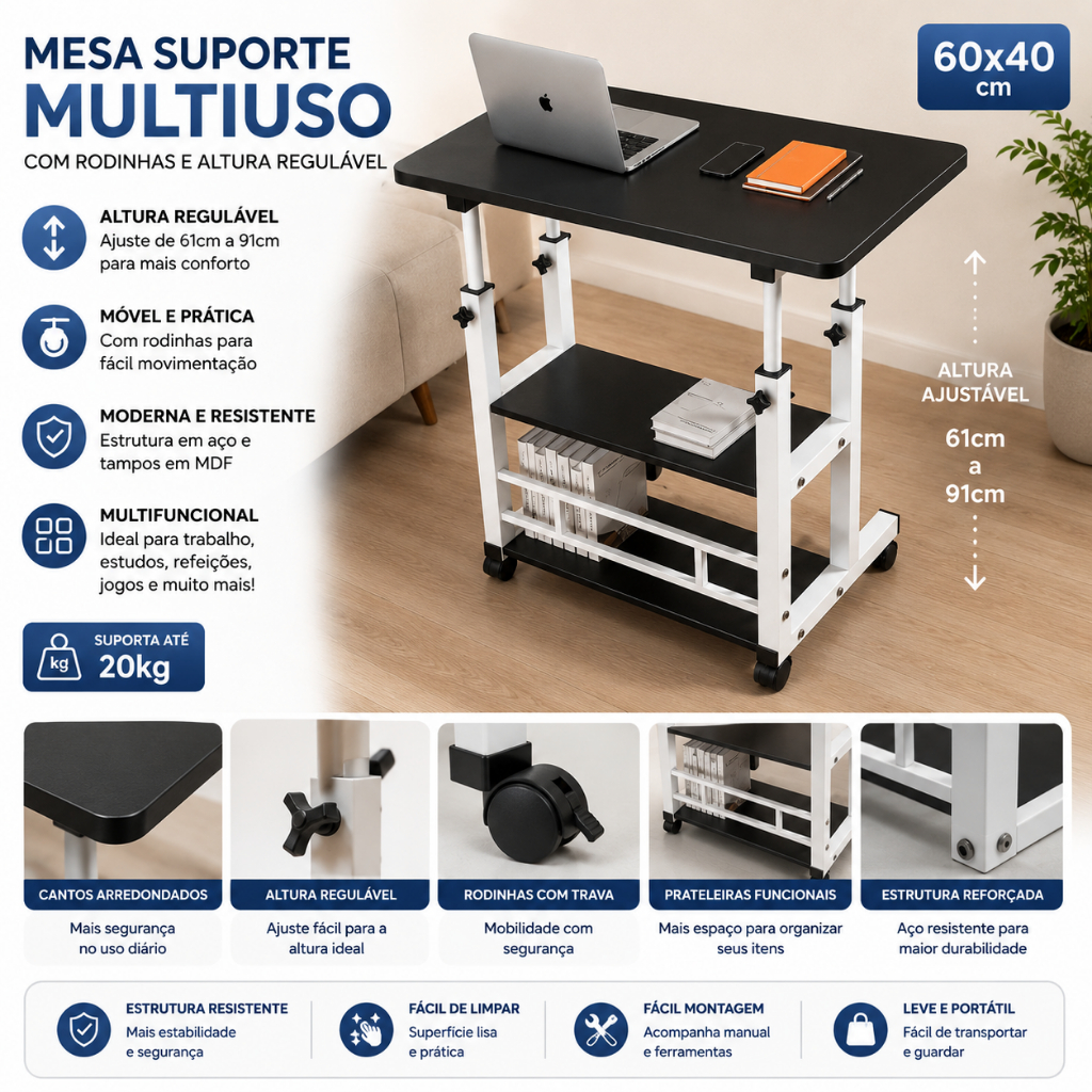 Mesa Suporte Notebook Multiuso Com Rodinhas Altura Regulável Cama Sofá Escritório Gamer Moderna 60x40