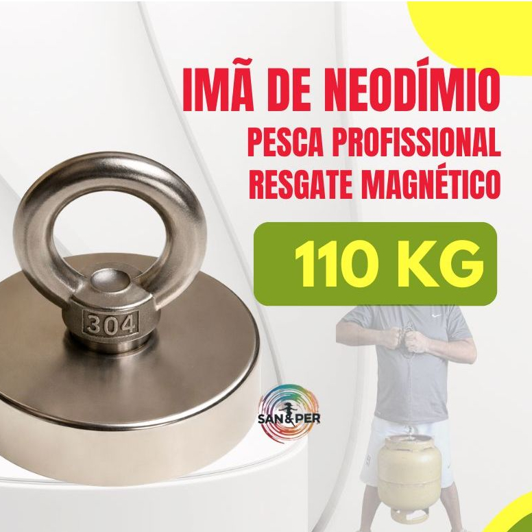 Imã Ima Iman Neodímio Pesca Magnética Super Forte Tração até 110 kg 60 mm Corda 10 Metros Reforçada