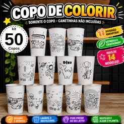 Copo Colorir Kit 50un Várias Estampas Copo Lembrancinha Aniversário de Crianças Divertido Educativo