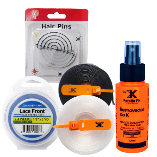 Fita Adesiva + 2 Queratinas + Removedor + 12 Separadores Mega Hair Profissional