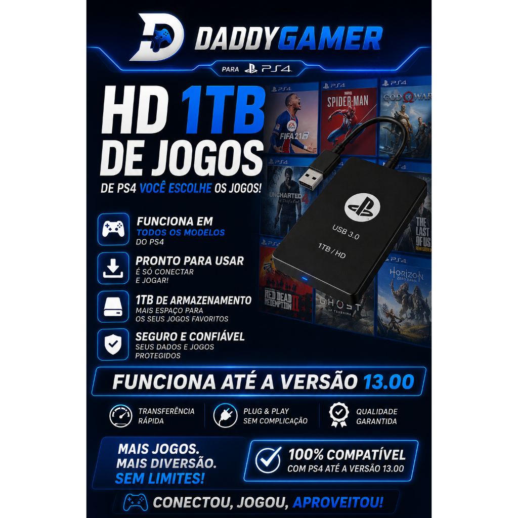 HD EXTERNO 1TB LOTADO DE JOGOS ((PARA PS4 DESTRAVADO GOLDHEN) (Jogos a sua escolha)
