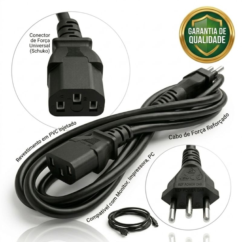 Cabo de Força Tripolar 2,5m Reforçado para PC Monitor Impressora Fonte Padrão Brasileiro 10A 250V