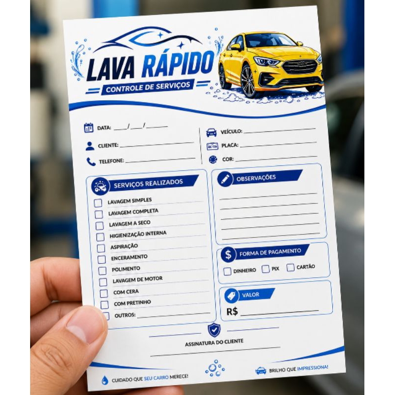 Bloco Lava Rápido 10x14 cm ou 14x20 cm | Ordem de Serviço Automotiva | Controle de Lavagem Carro | Talão Personalizado