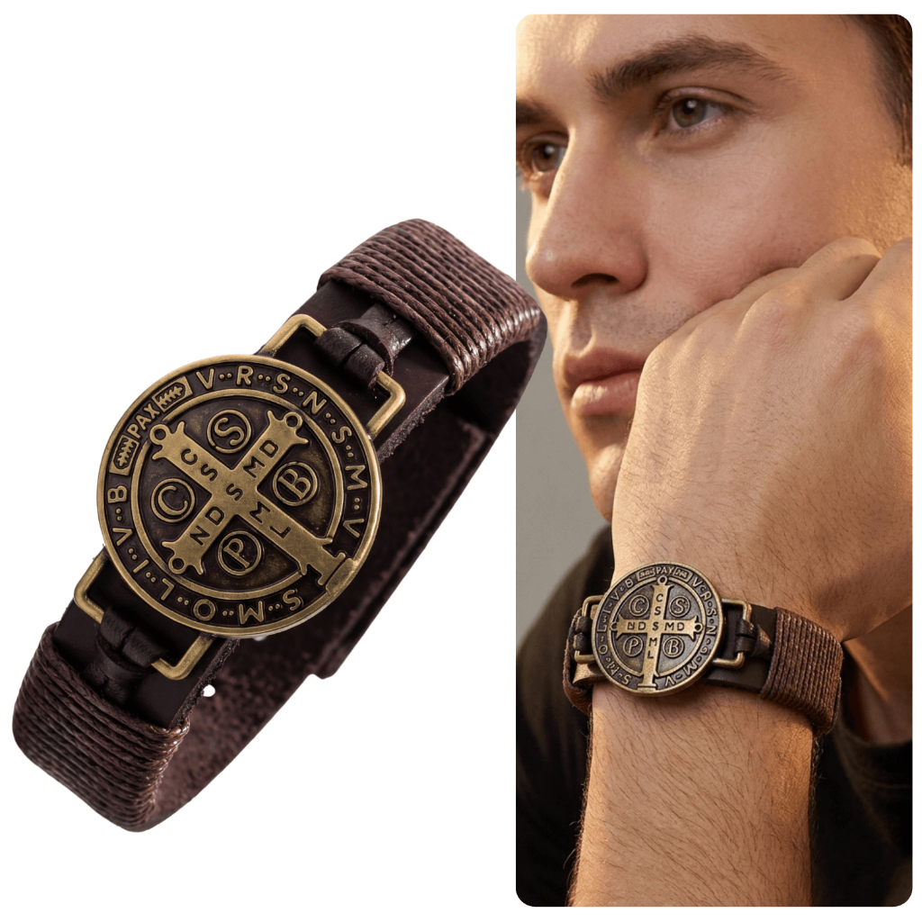 Pulseira Masculina Medalha São Bento De Couro Preto Marrom