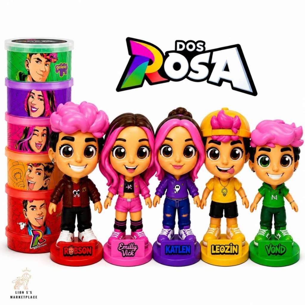 Kit 5 Slimes Gelelé Dos Rosa 330g + Bonecos Robson Emilly Vick Katlen Leon e Void