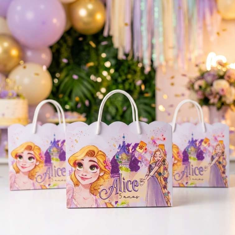 Kit Sacolinha Para Doces Personalizada Princesa Rapunzel Enrolados Sacola para Lembrancinha Lilás