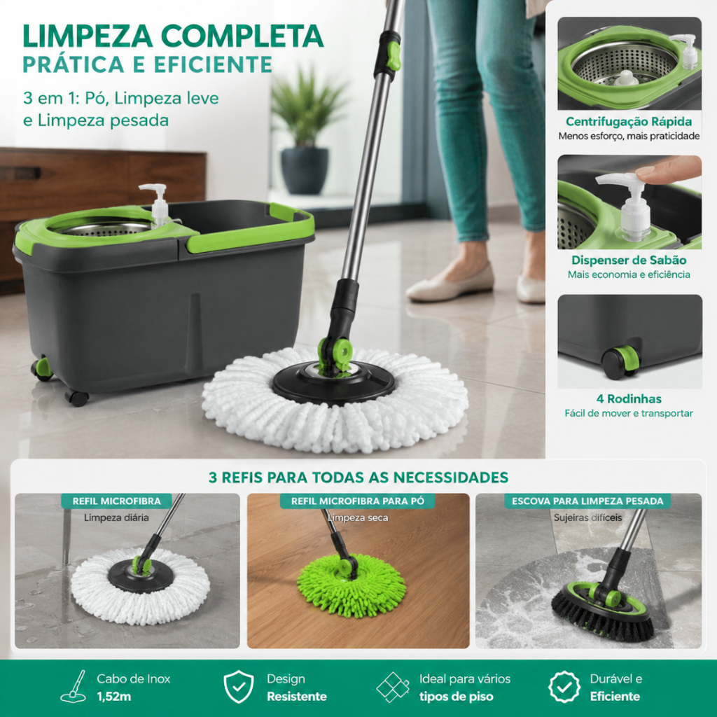 Mop Giratório 360º com Balde Centrífugo, Cabo Inox 1,52mt e 3 Refis | Kit de Limpeza Completa