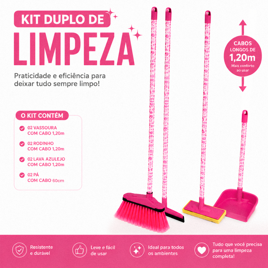 Kit Limpeza Completo Rosa 8 Peças com Cabo 2 Vassoura, 2 Rodo 40cm, 2 Pá de Lixo e 2 Lava Azulejos