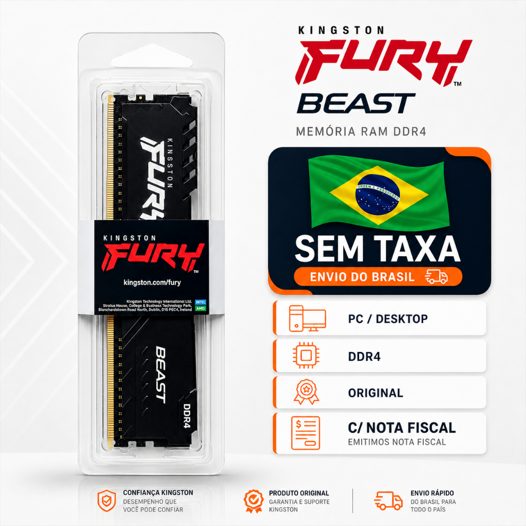 Memória RAM Kingston Fury Beast 16GB DDR4 PC GAMER Desktop C/ NOTA FISCAL