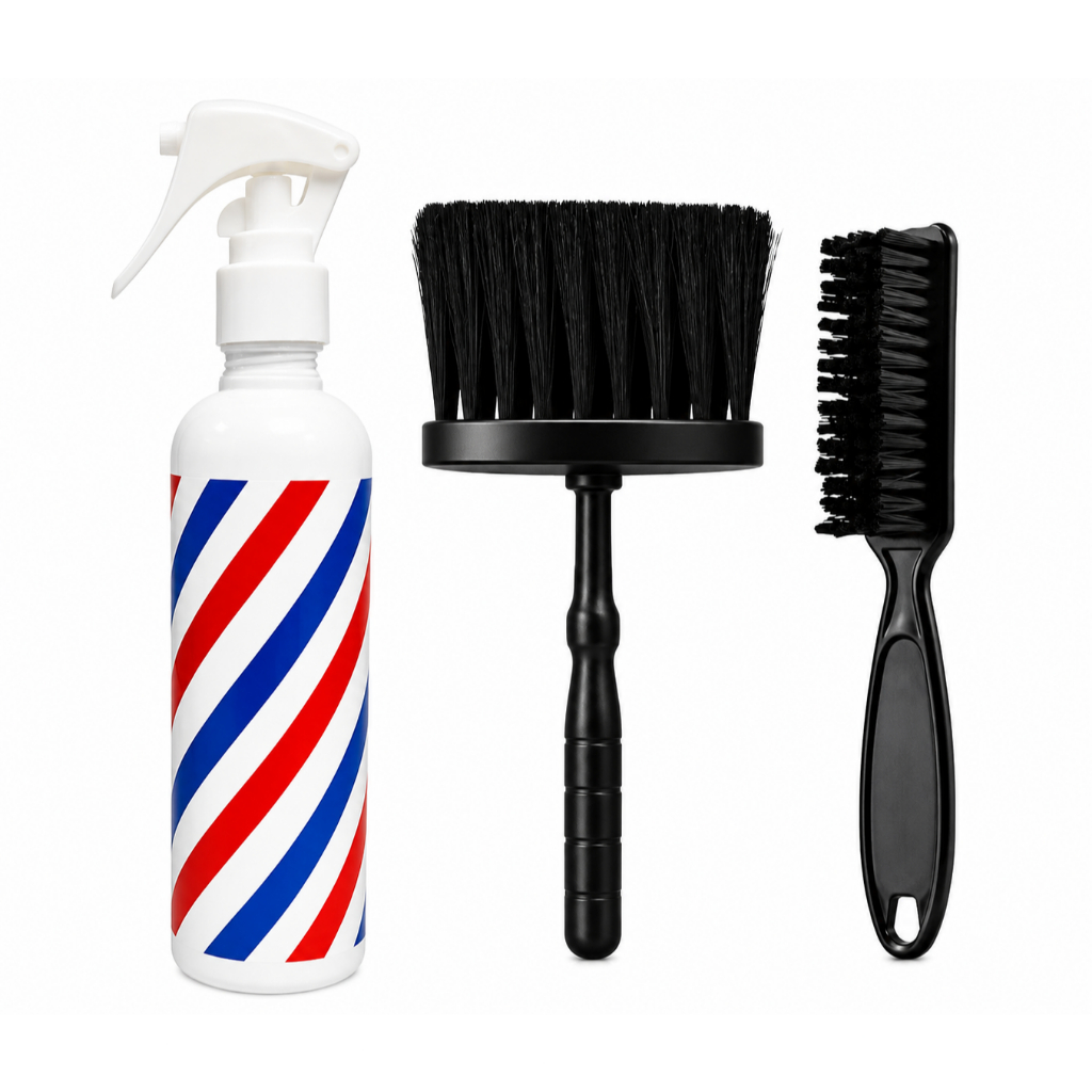 Kit Completo Barbeiro Profissional Espanador Borrifador Listrado Escova Disfarce Cerdas Resistente e Corte Degradê Salão
