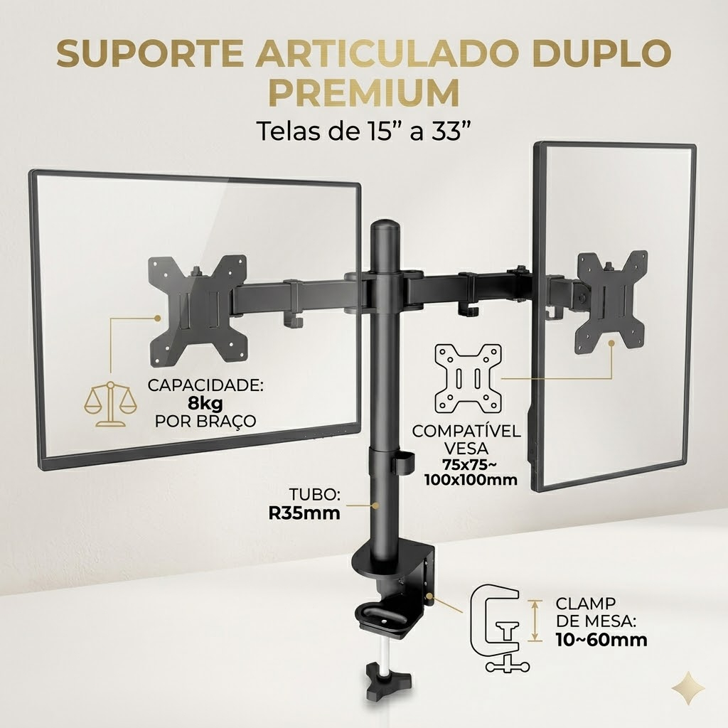 Suporte ajustável para dois monitores, de 13 a 32 polegadas, preto.