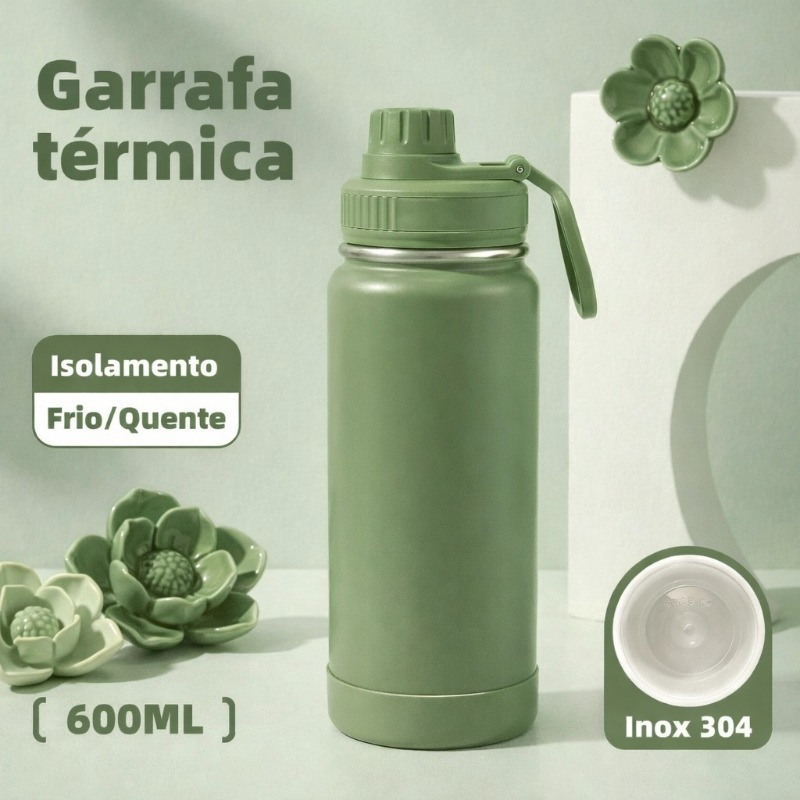 Garrafa térmica de água 600ml Inox com Alça Quente e Frio Colorida premium Copo térmico Academia e Trabalho-HYBWB-115