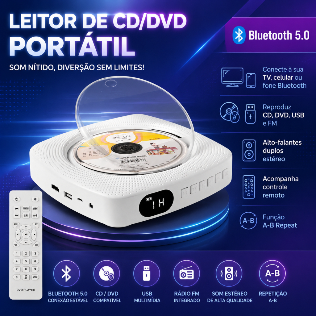 CD Player Bluetooth com Volume Alto, HDMI/AUX e USB Leitor de CD/DVD Portátil Bivolt Suporta DVD,VCD,CD,CD-G,HD-CD,MP3