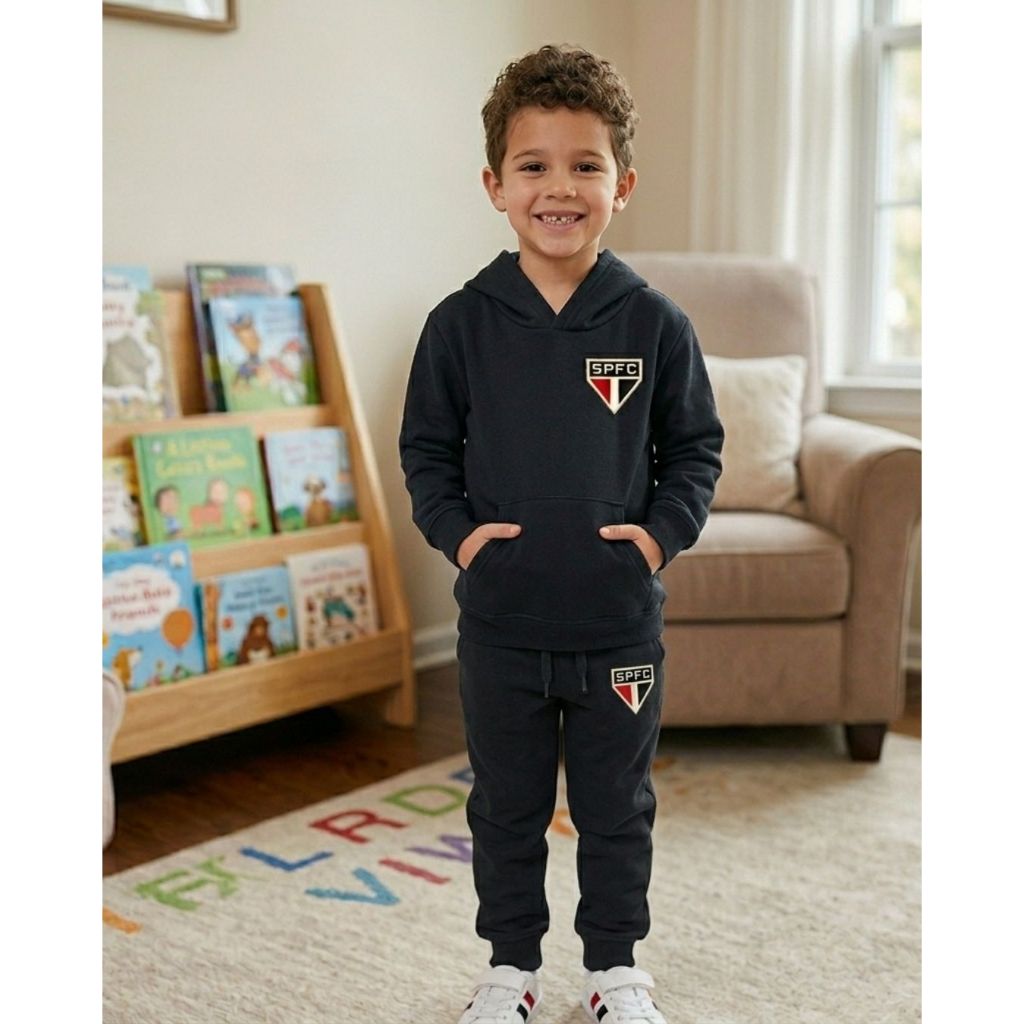 Conjunto Infantil Time São Paulo Moletom Canguru e Calça Flanelado Quentinho Torcedor SP Envio Rápido