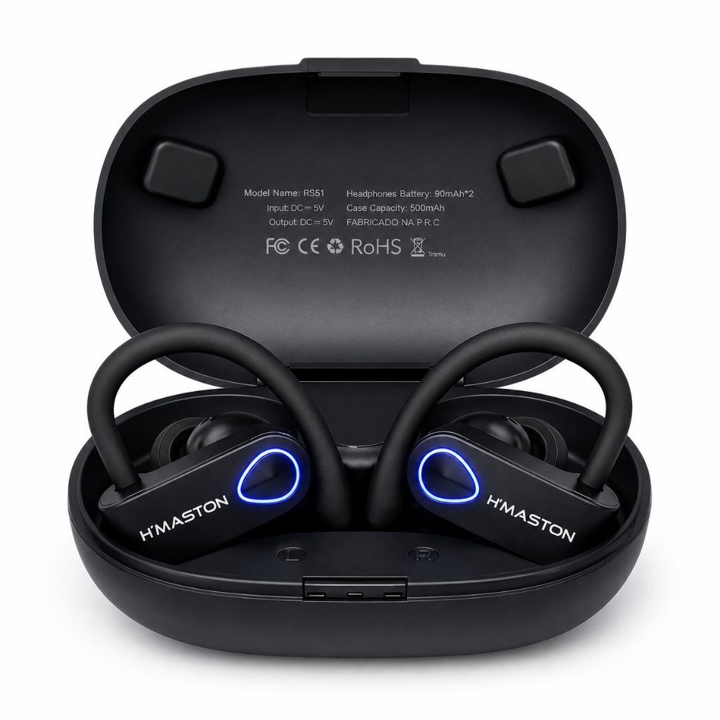 Fone de Ouvido Sem Fio Gancho Esportivo Bluetooth Cancelamento de Ruído TWS Estéreo com LED 15h