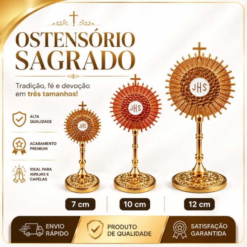 Ostensorio de Mesa JHS Eucaristia Enfeite Decoração Metal Dourado