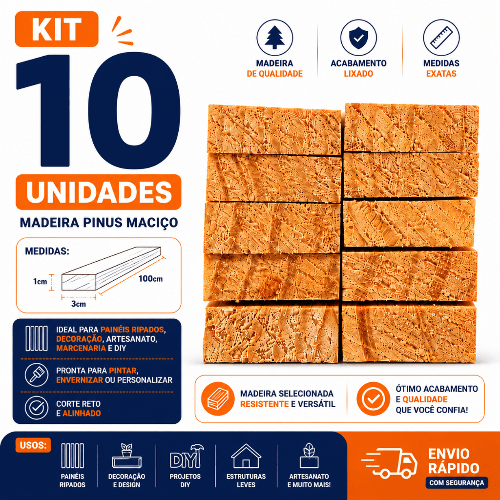 10 Ripas Madeia Pinus 1x3x100cm Artesanato Construção Bricolage