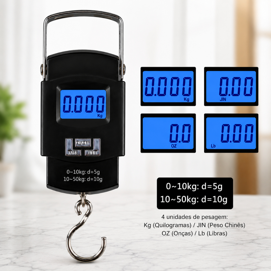 Balança Digital Portátil Mão Até 50kg LCD Mala  Bolsa Viagem Pesca Gancho Suspensa Alta Precisão Eletrônica