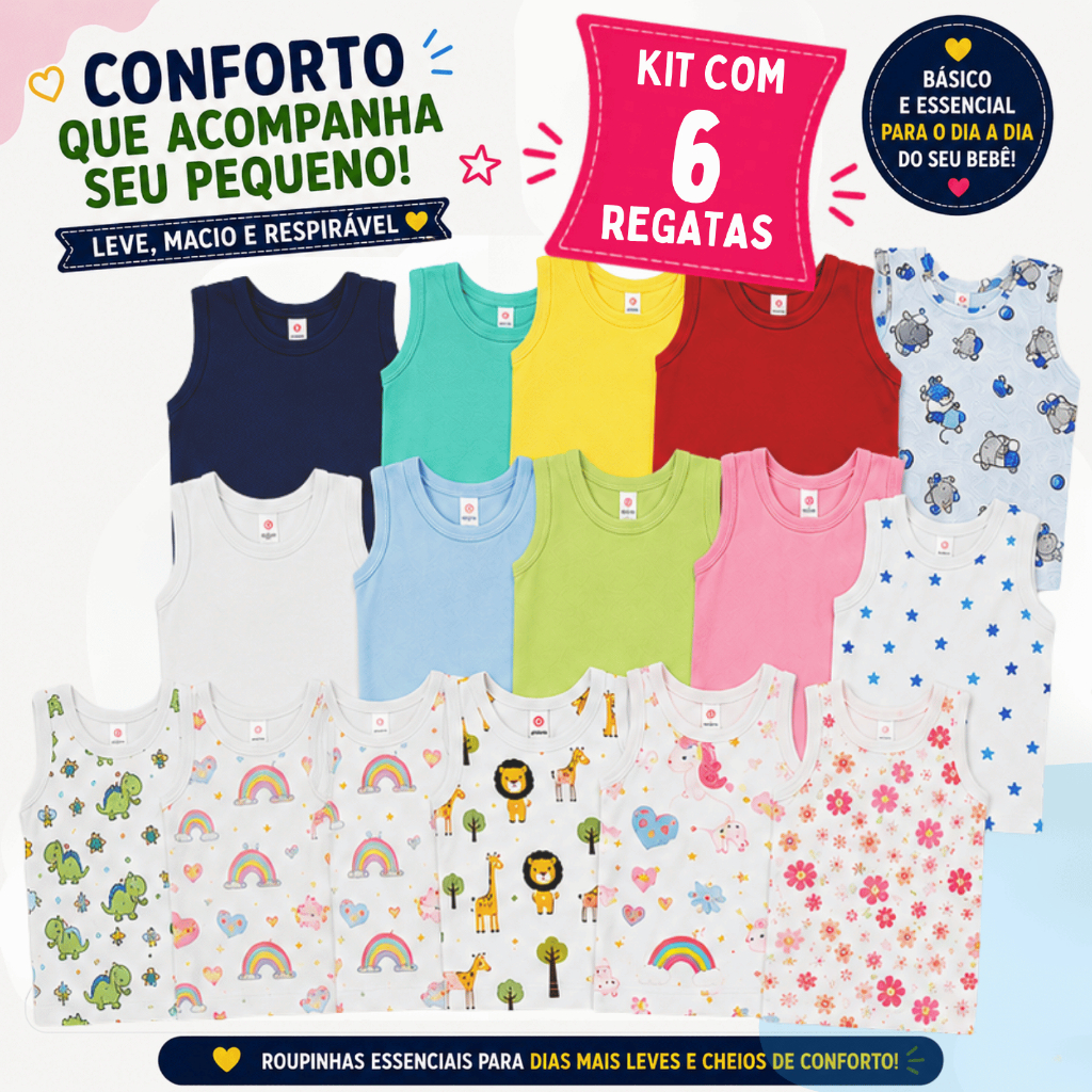 Kit 6 Regatas Camisetas bebê Pijama Menino Menina Lisas estampadas Verão Enxoval Bebê 100% Algodão