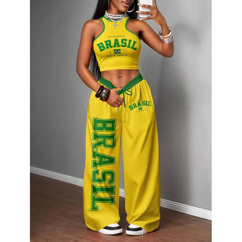 Blusa Brasil Cropped Calça Conjunto Streetwear PP ao Plus Size 2pçs Copa do Mundo Seleção Brasileira Verde Amarelo COP04