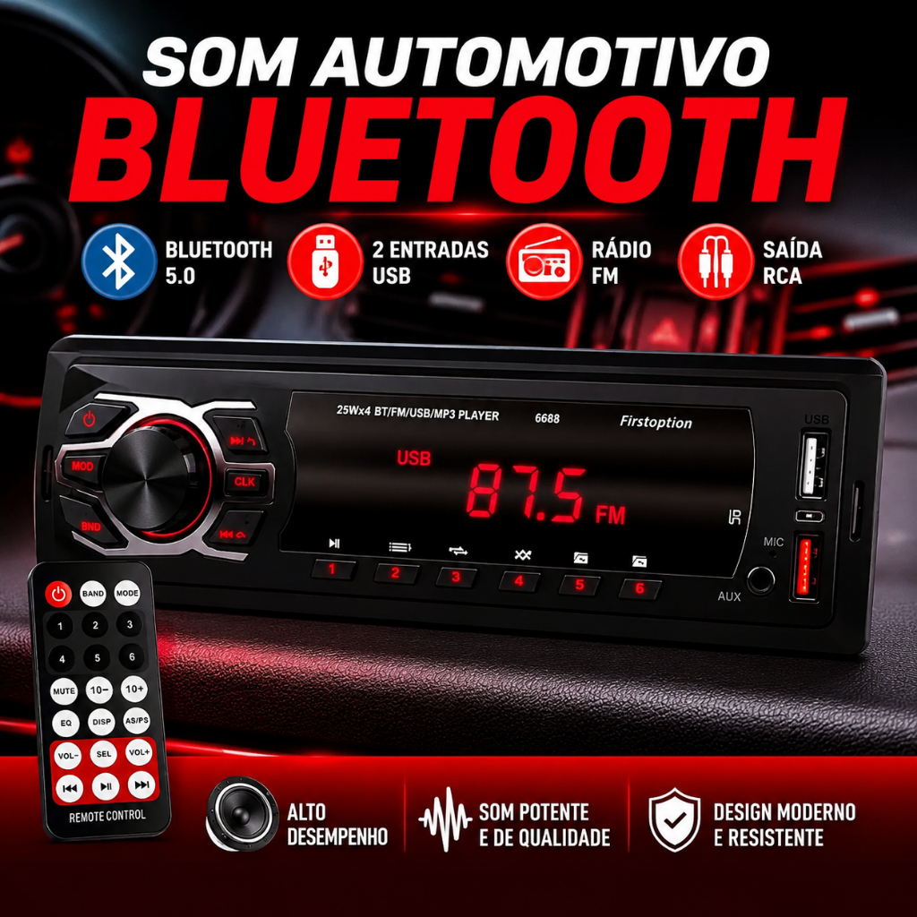 Rádio Som Automotivo Mp3 1 Din Bluetooth 2 USB Rca Auxiliar Carro Universal