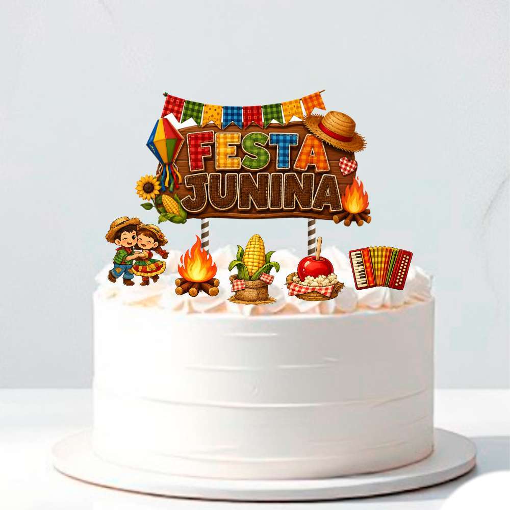 Kit 1 Topo De Bolo Festa Junina Arraia  + 5 Topper Para Doces  Fogueira Milho Sanfona