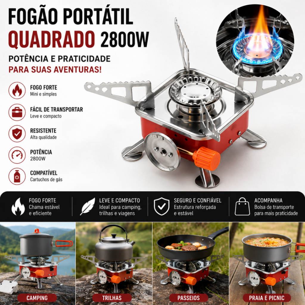Fogareiro Portátil Fogão á Gás Ingnição Automática Camping Viagem Dobrável 2800W Mini Fogão