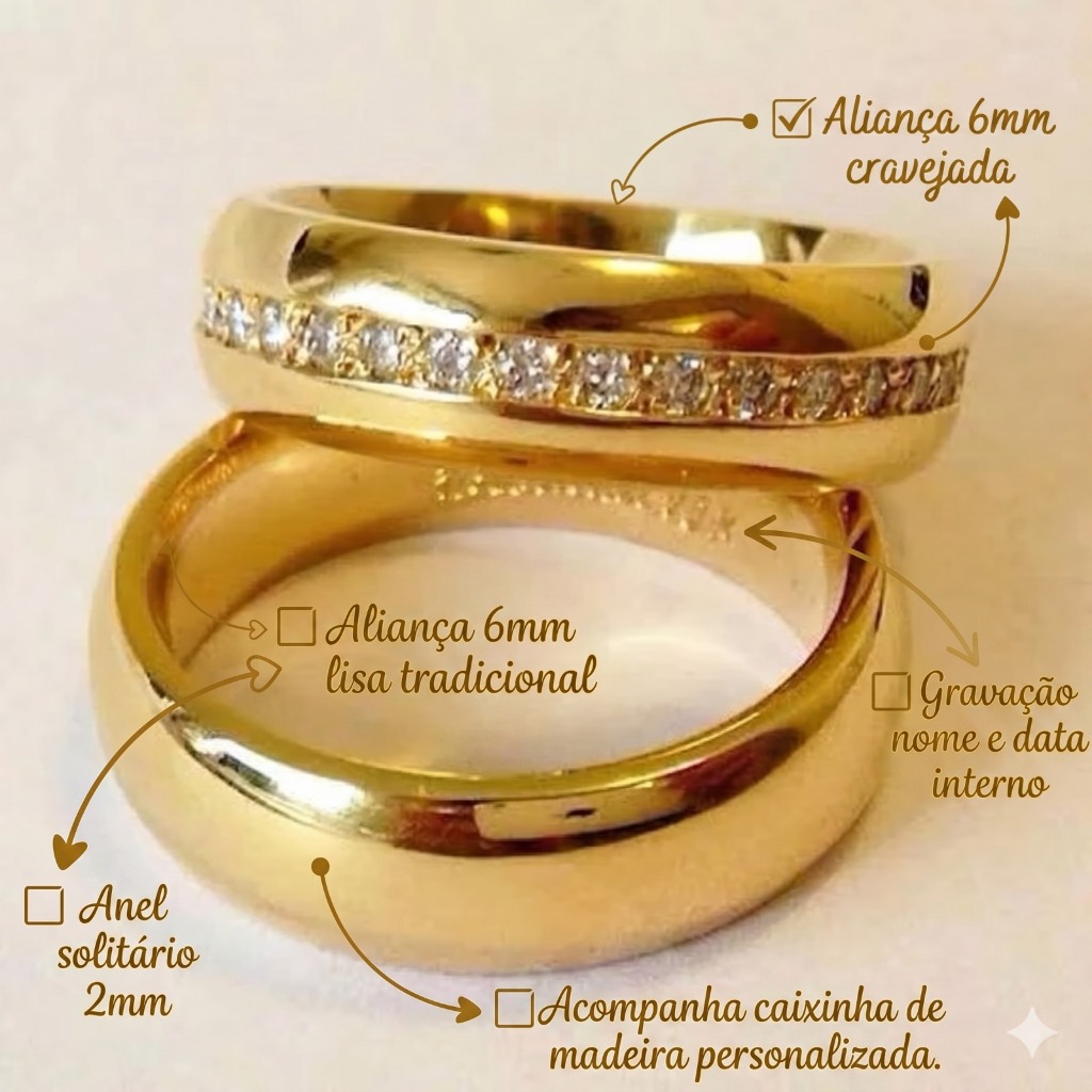 Par Aliança banho Moeda Antiga Casamento Noivado Abaulada 6MM Pedras Cravejada + Gravação + Anel solitário