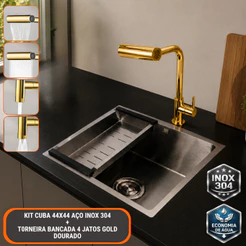 Cuba de Pia de Cozinha Gourmet 44x44cm Kit Cuba de Inox com Torneira para Pia Cozinha Dourado Gold