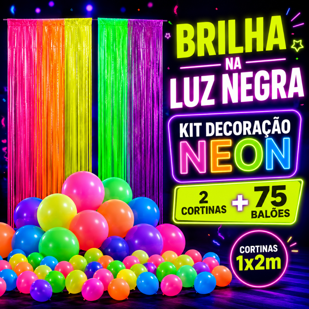 Kit Decoração Neon Luz Negra 2 Cortinas 1x2m + 75 Balões Pic Pic Festa Balada Aniversário Discoteca