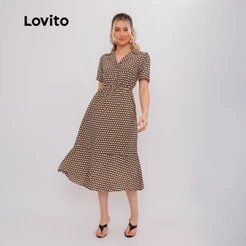 Lovito Vestido Midi Feminino Elegante Com Gola e Botões DRB934BRL964
