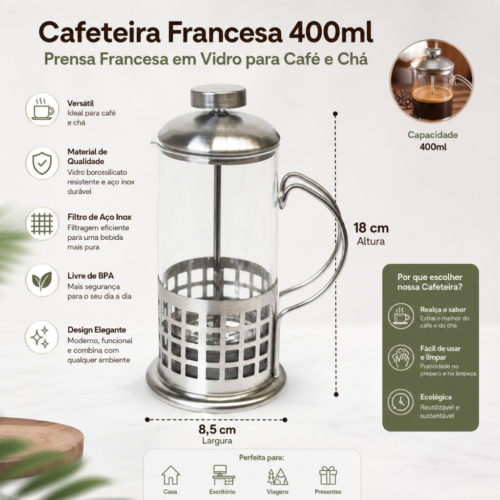 Cafeteira Francesa 400ml Prensa Francesa em Vidro para Café e Chá