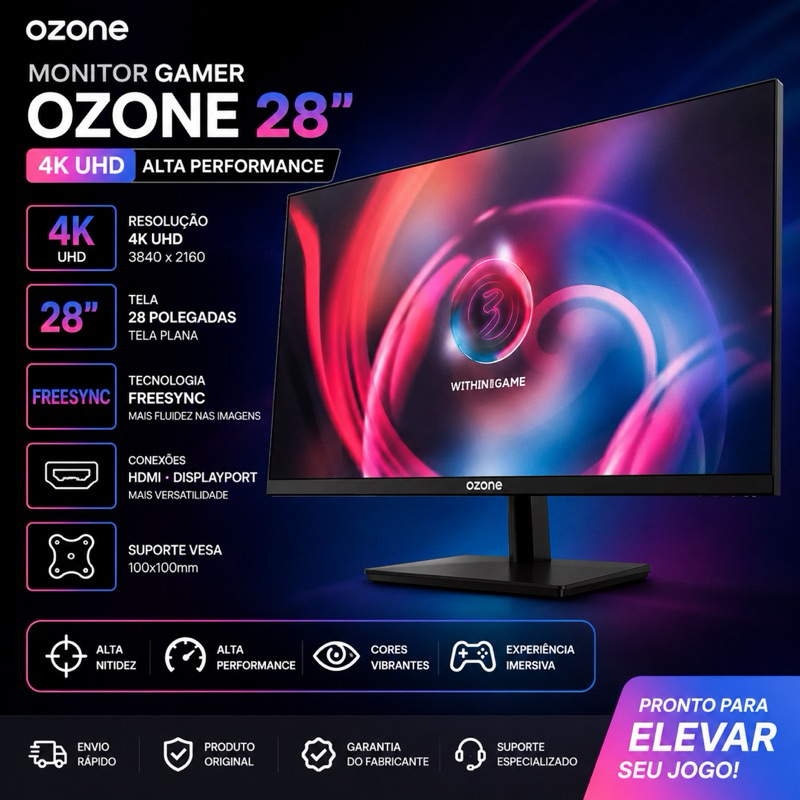 Monitor Gamer 28” 4K UHD Ozone FreeSync HDMI/DisplayPort VESA
