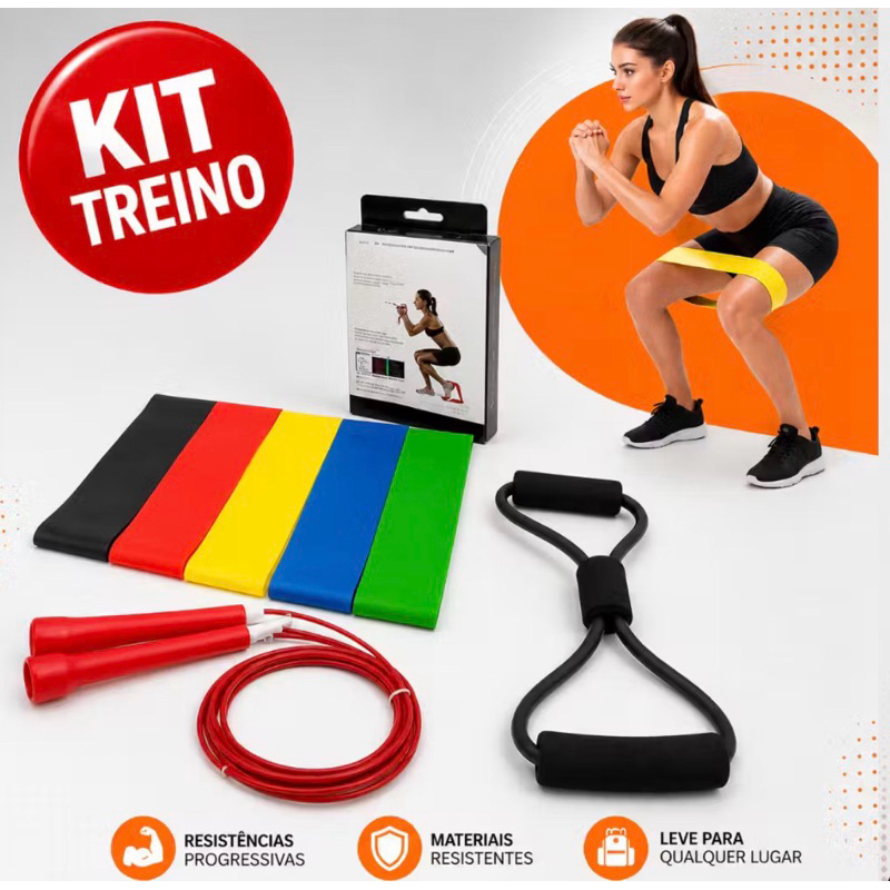 Kit Treino em Casa Academia com Corda de Pular Speed Rope Profissional Crossfit + Elastico Expansor + 5 Faixas Mini Band