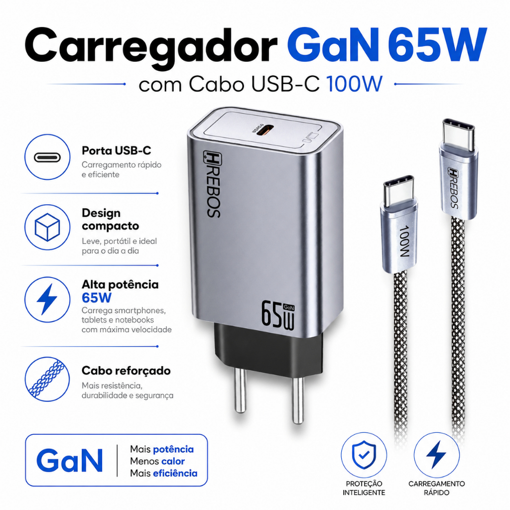 Carregador Celular Turbo 65W USB-C PD + Cabo Type-C Carga Rápida Carregador Rapido Gan