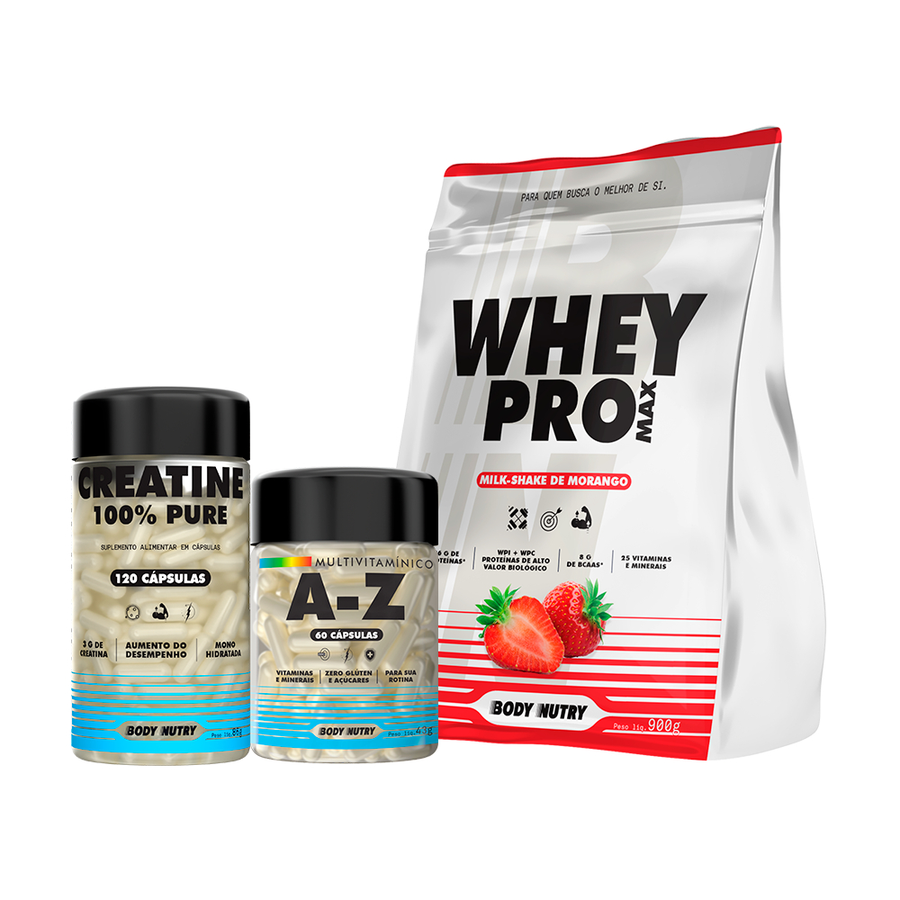 Kit Whey Protein 900g + Creatina 100% e Multivitamínico AZ - Recuperação Muscular e Ganho de Força