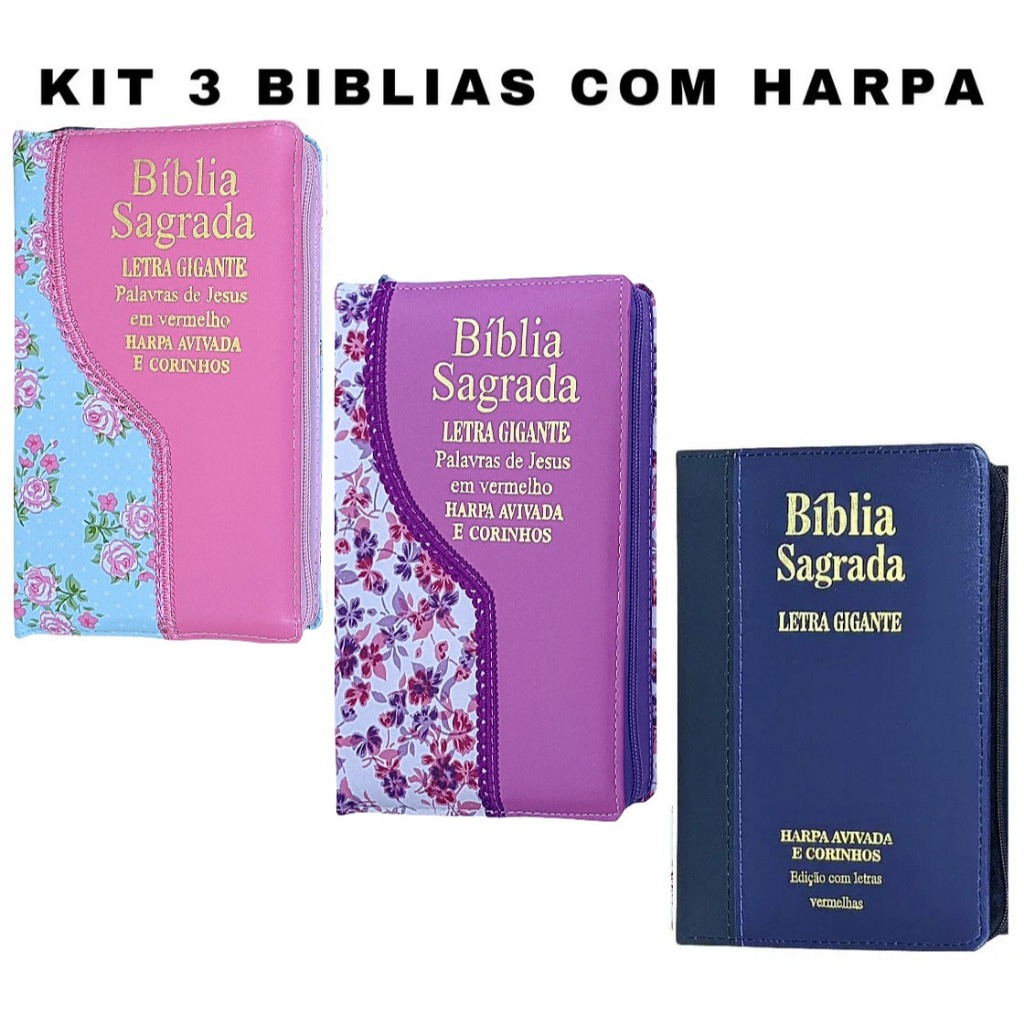 Kit 3 Bíblias Sagradas com Harpa e Corinhos - Modelo com zíper e Destaque nas Palavras de Jesus em Vermelho
