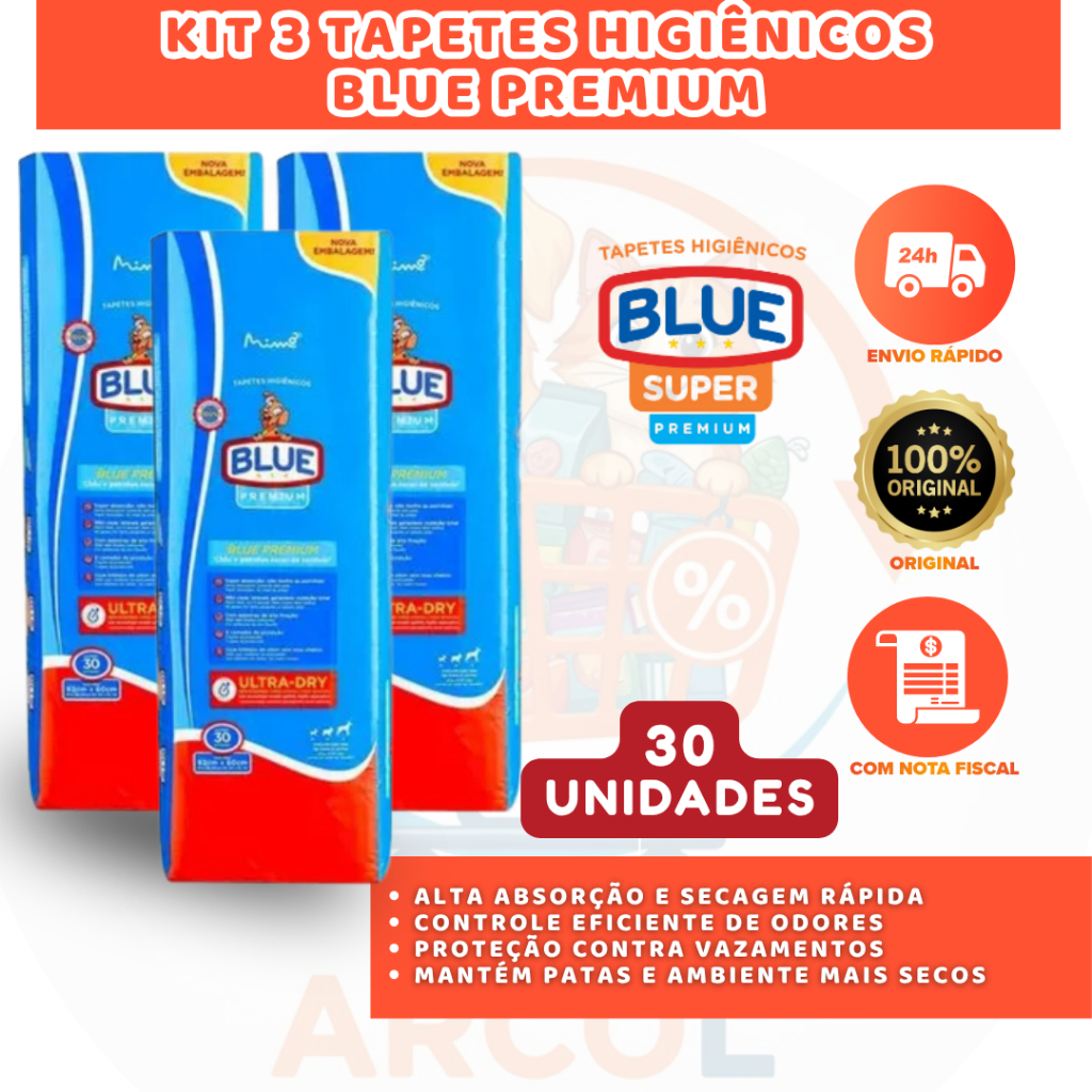 KIT 3 TAPETES HIGIÊNICOS BLUE PREMIUM 30 UN CADA CONTROLE DE ODORES E ABSORÇÃO