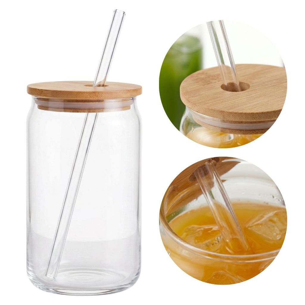 Copo de Vidro 570ml com Tampa Bambu e Canudo Drinks