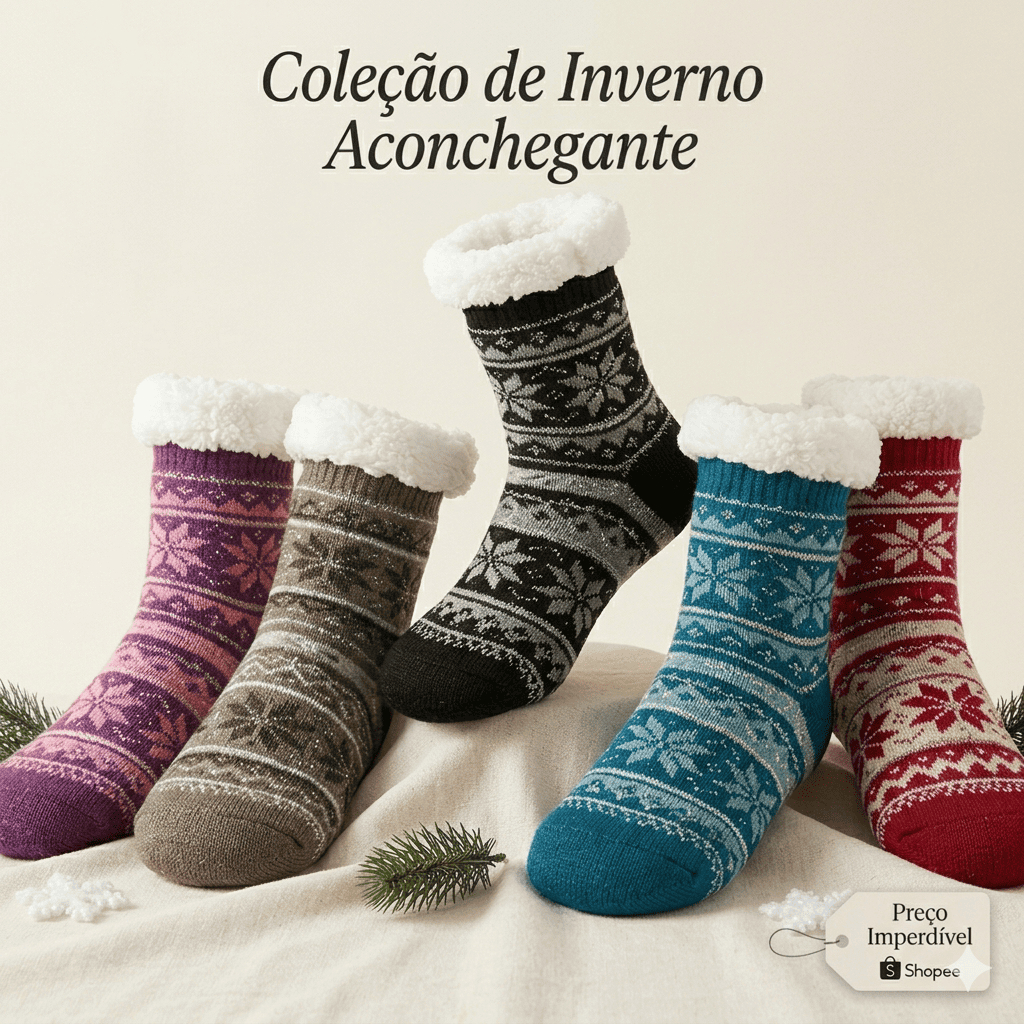 Kit Meia Pantufa Térmica Felpuda Antiderrapante Adulto Inverno Quente Forrada Lã Premium