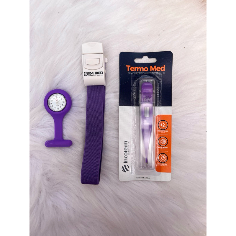 kit Enfermagem Saúde medicina lilás roxo relógio de lapela garrote com presilha e termômetro Incoterm