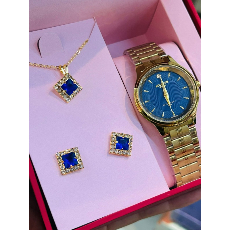 Relógio Feminino Atlantis Original Dourado + Kit Colar e Brincos Luxo com Caixa Presente Azul Elegante