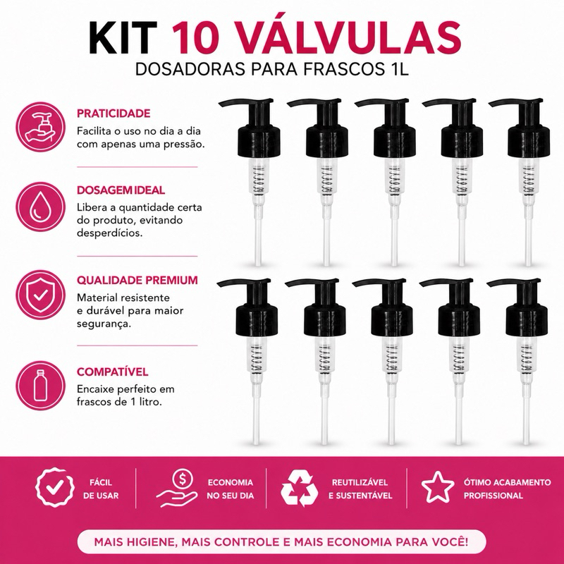 Kit 10un de Valvula Pra Shampoo Pump Dosadora 28/410 Preta Para Frascos 500/1000 Shampoo Condicionador