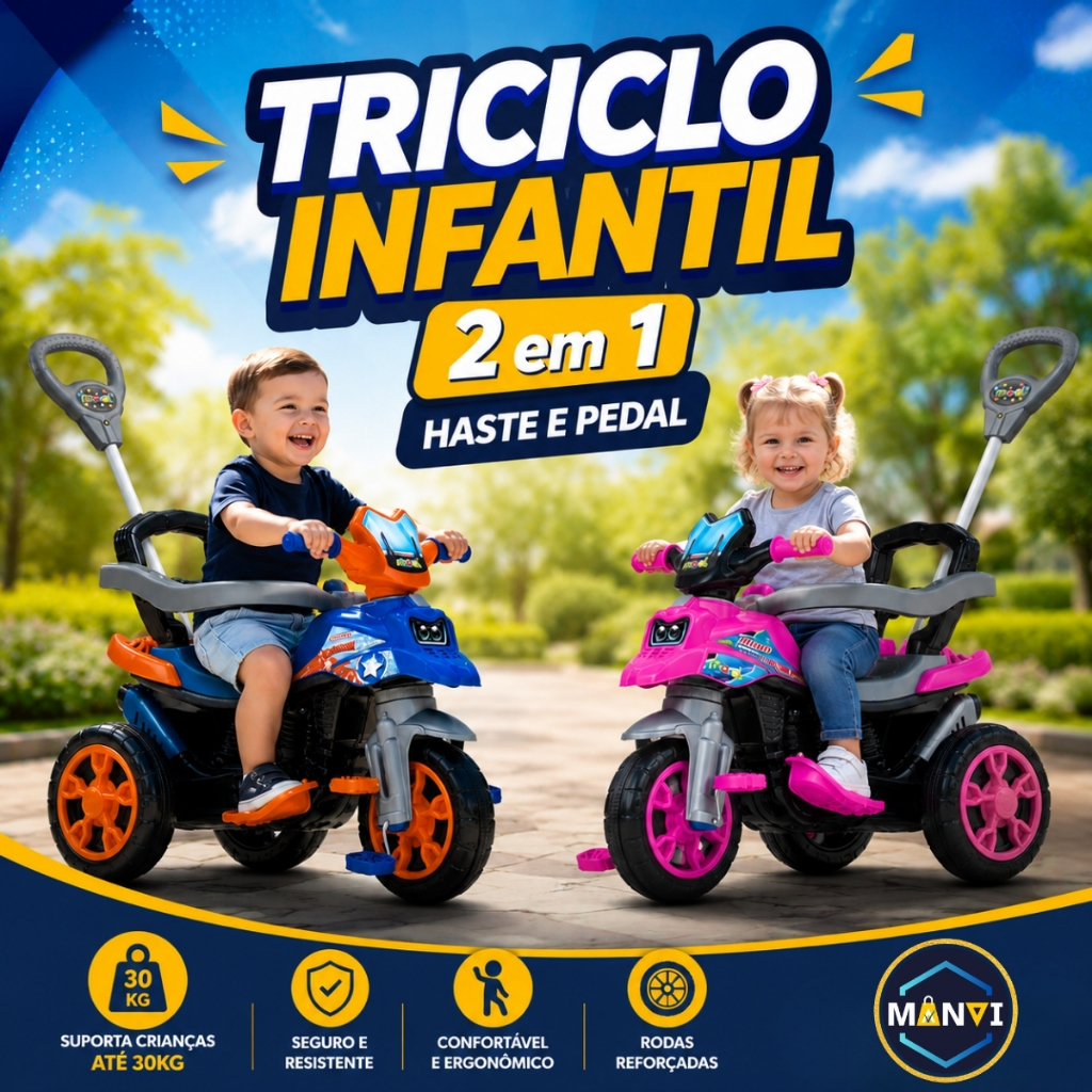 Moto Triciclo Infantil 2 Em 1 Pedal Empurrador Até 30kg Motoca Passeio Brinquedo Presente Criança