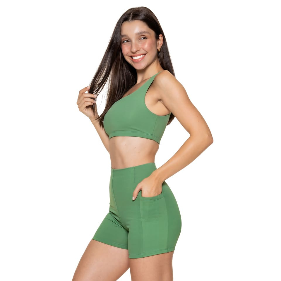 Conjunto Academia Short Bolsos Top Duplo Cós Alto Poliamida Regata Corrida Roupa de Treino Feminina
