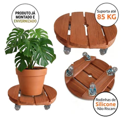 Suporte Carrinho para Vaso de Planta com Rodinhas de Silicone Externo Interno Reforçado Madeira 85KG