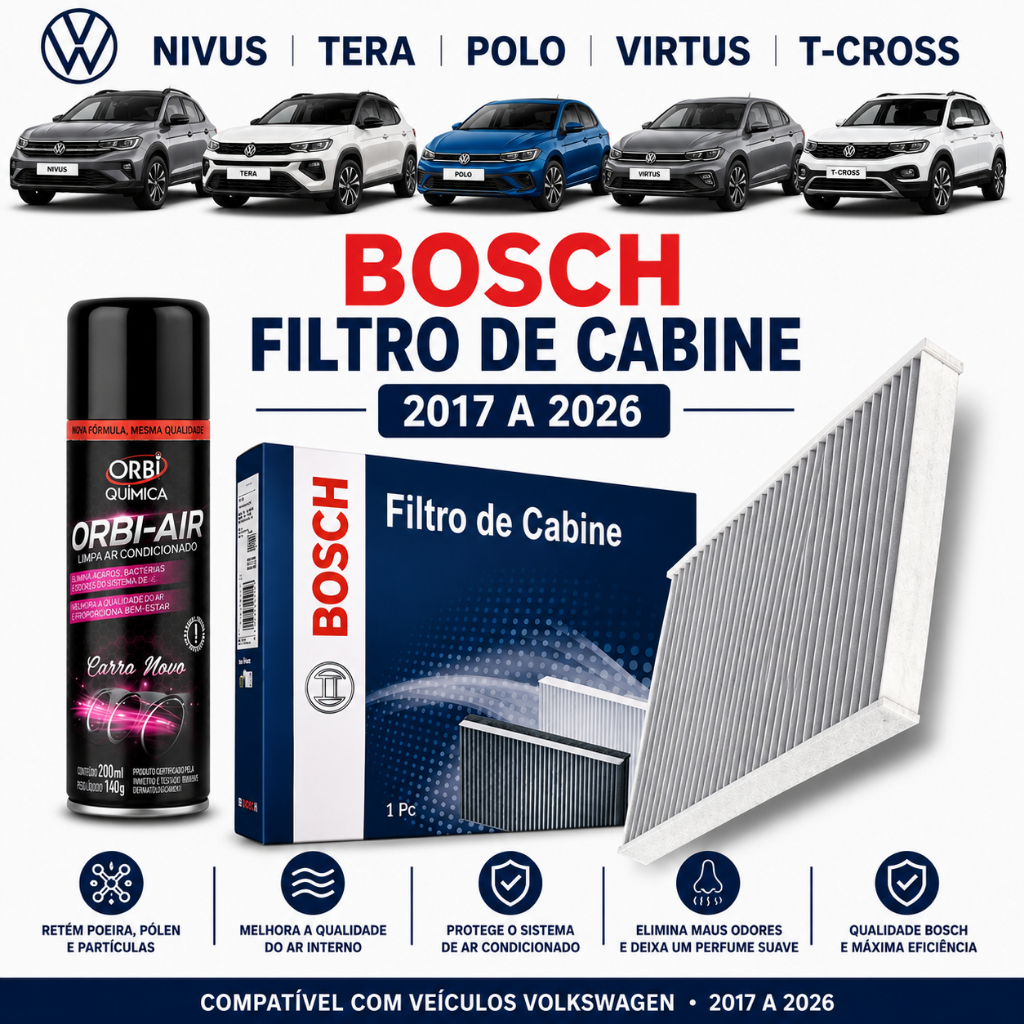 Filtro Ar Condicionado Nivus Tera Polo Virtus T-Cross Bosch 2017 a 2026 + Higienizador Cabine Bosch