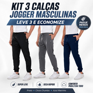 Kit 3 Calças Masculinas Jogger Leve Com Elastano Cós Elástico Academia Corrida