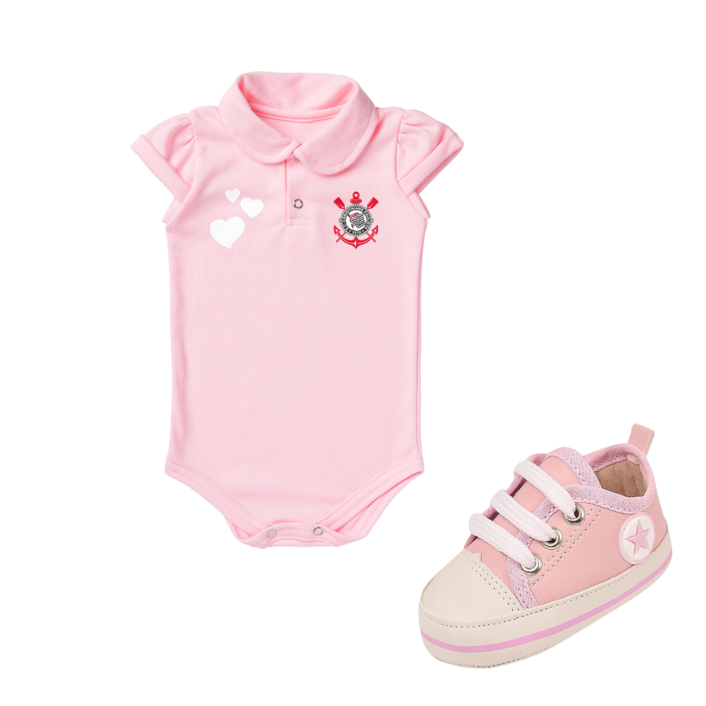 Kit 2 Peças Body Corinthians Rosa Torcida Baby Oficial e Tênis Bebe Mania Star 71305